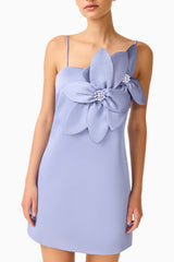 Lunelle Shift Mini Dress in Stone Blue with floral applique and duchess satin fabrication close up shot