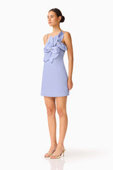 Lunelle Shift Mini Dress in Stone Blue with floral applique and duchess satin fabrication side shot