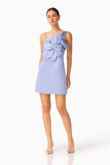 Lunelle Shift Mini Dress in Stone Blue with floral applique and duchess satin fabrication posed shot