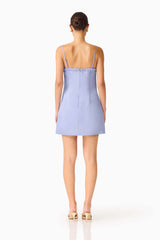 Lunelle Shift Mini Dress in Stone Blue with back zipper and duchess satin fabrication back shot