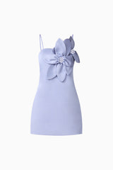 Lunelle Shift Mini Dress in Stone Blue with floral applique and duchess satin fabrication ghost shot