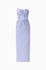 Lunelle Column Midi Dress in Stone Blue with strapless neckline & floral applique ghost shot