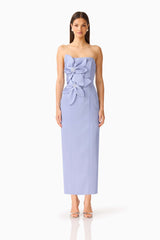 Lunelle Column Midi Dress in Stone Blue with strapless neckline & floral applique front shot