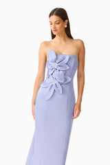 Lunelle Column Midi Dress in Stone Blue with strapless neckline & floral applique close up shot