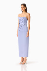 Lunelle Column Midi Dress in Stone Blue with strapless neckline & floral applique side shot