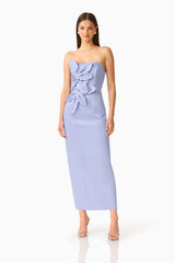 Lunelle Column Midi Dress in Stone Blue with strapless neckline & floral applique posed shot