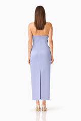 Lunelle Column Midi Dress in Stone Blue with back zipper & back slit back shot