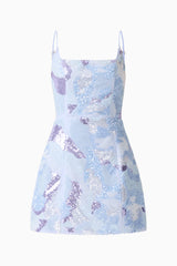 Aurae Embellished Mini Dress in Sky Blue with a square neckline & tulip skirt ghost shot