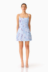 Aurae Embellished Mini Dress in Sky Blue with a square neckline & tulip skirt front shot