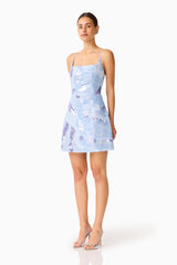 Aurae Embellished Mini Dress in Sky Blue with a square neckline & tulip skirt side shot