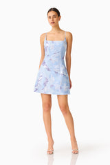 Aurae Embellished Mini Dress in Sky Blue with a square neckline & tulip skirt posed shot