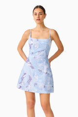 Aurae Embellished Mini Dress in Sky Blue with a square neckline & tulip skirt close up shot