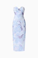 Aurae Embellished Midi Dress in Sky Blue with plunging sweetheart neckline & sequin fabrication ghost shot