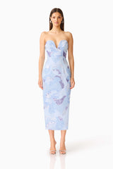 Aurae Embellished Midi Dress in Sky Blue with plunging sweetheart neckline & sequin fabrication front shot