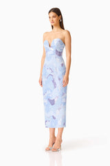 Aurae Embellished Midi Dress in Sky Blue with plunging sweetheart neckline & sequin fabrication side shot