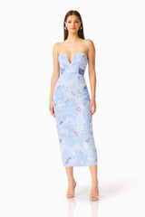 Aurae Embellished Midi Dress in Sky Blue with plunging sweetheart neckline & sequin fabrication posed shot