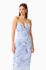 Aurae Embellished Midi Dress in Sky Blue with plunging sweetheart neckline & sequin fabrication detail shot