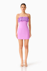 Solenne Party Mini Dress in Purple, a homecoming dress with 3D floral detail, front shot