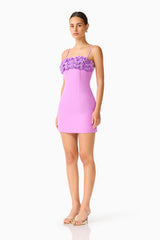 Solenne Party Mini Dress in Purple with 3D floral detail side shot