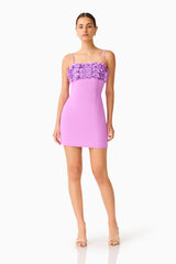 Solenne Party Mini Dress in Purple with 3D floral detail posed shot