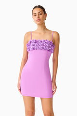 Solenne Party Mini Dress in Purple with 3D floral detail close up shot