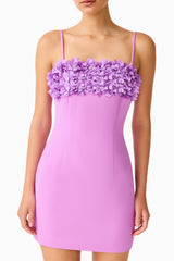 Solenne Party Mini Dress in Purple with 3D floral detail detail shot