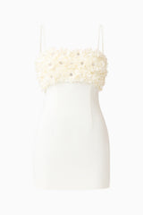Solenne Party Mini Dress in White with a 3D floral detail ghost shot