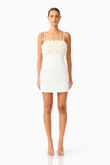 Solenne Party Mini Dress in White with a 3D floral detail front shot