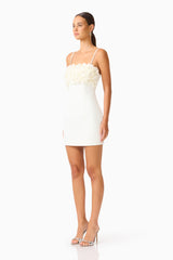 Solenne Party Mini Dress in White with a 3D floral detail side shot