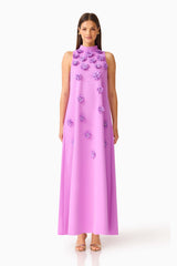 Solenne Halter Maxi Dress in Purple with collared halter neckline & 3d floral appliques front shot