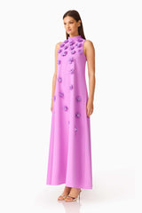 Solenne Halter Maxi Dress in Purple with collared halter neckline & 3d floral appliques side shot