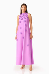 Solenne Halter Maxi Dress in Purple with collared halter neckline & 3d floral appliques posed shot