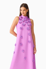 Solenne Halter Maxi Dress in Purple with collared halter neckline & 3d floral appliques close up shot