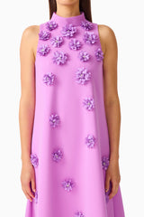Solenne Halter Maxi Dress in Purple with collared halter neckline & 3d floral appliques detail shot