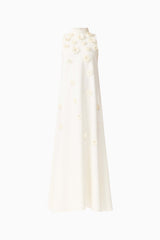 Solenne Halter Maxi Dress in White with 3D floral detail & relaxed fit ghost shot