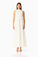 Solenne Halter Maxi Dress in White with 3D floral detail & relaxed fit front shot
