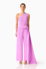 Solenne Jumpsuit in Purple with a one shoulder neckline front shot