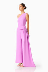 Solenne Jumpsuit in Purple with a one shoulder neckline side shot