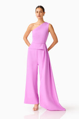 Solenne Jumpsuit in Purple with a one shoulder neckline posed shot