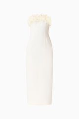 Solenne Column Midi Dress in White with a 3D floral detail ghost shot