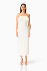 Solenne Column Midi Dress in White with a 3D floral detail front shot