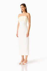 Solenne Column Midi Dress in White with a 3D floral detail side shot