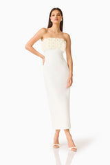 Solenne Column Midi Dress in White with a 3D floral detail posed shot
