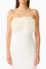 Solenne Column Midi Dress in White with a 3D floral detail detail shot