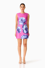 Sybella Shift Mini Dress in Pink & Blue Floral with round neckline & sleeveless style front shot