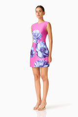 Sybella Shift Mini Dress in Pink & Blue Floral with round neckline & sleeveless style side shot