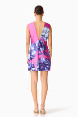 Sybella Shift Mini Dress in Pink & Blue Floral with v-back & sleeveless style back shot