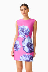 Sybella Shift Mini Dress in Pink & Blue Floral with round neckline & sleeveless style close up shot