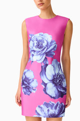 Sybella Shift Mini Dress in Pink & Blue Floral with round neckline & sleeveless style detail shot