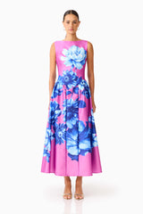 Sybella A-Line Midi Dress in Pink & Blue Floral with a boat neckline &  cap sleeves front shot